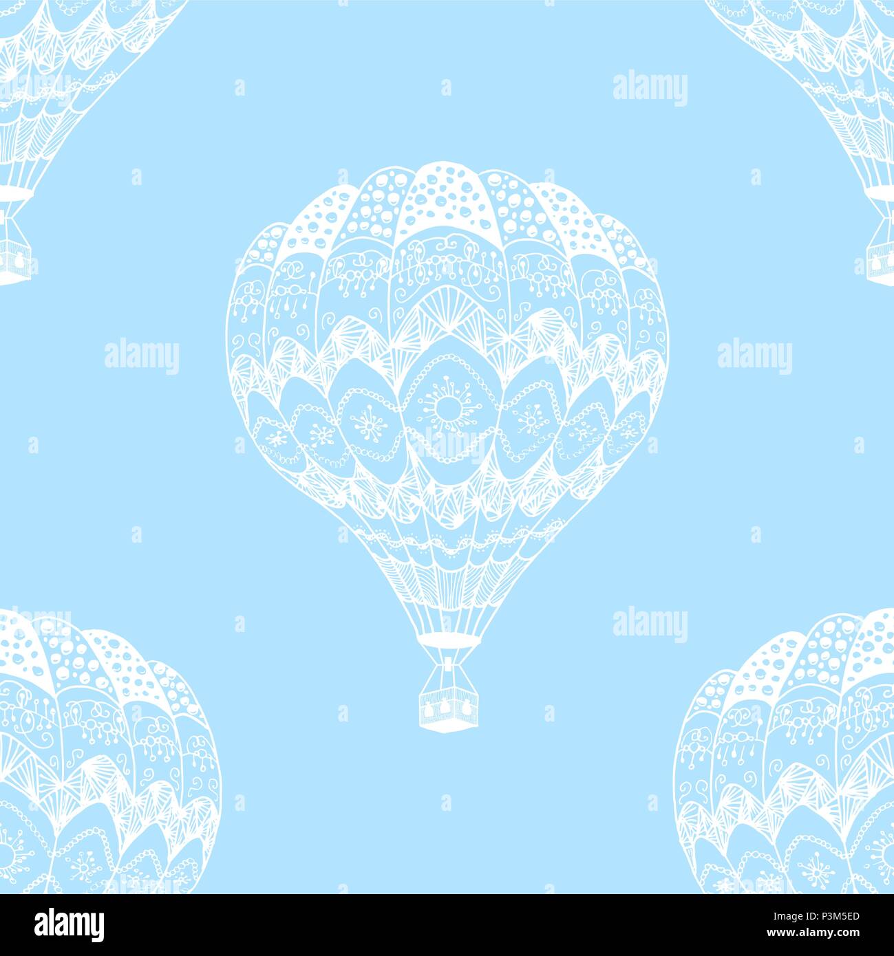 Vector seamless pattern of hot air balloon in zentangle style. White
