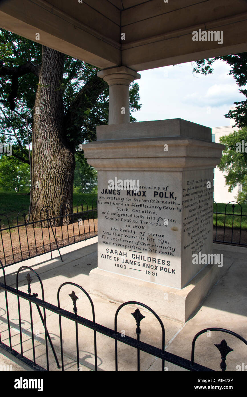 Graves of President James K. Polk and his wife, Sarah Polk, on the grounds of the Tennessee State Capitol in Nashville. Stock Photo