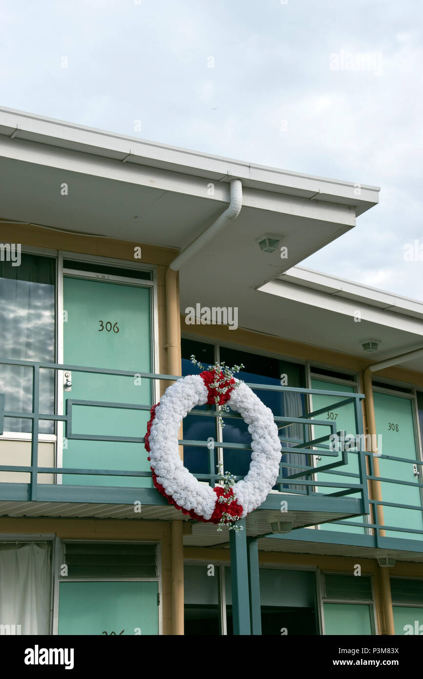 A wreath marks the spot at the former Lorraine Motel, where Martin Luther King Jr. was assassinated on April 4, 1968, now the National Civil Rights Mu Stock Photo