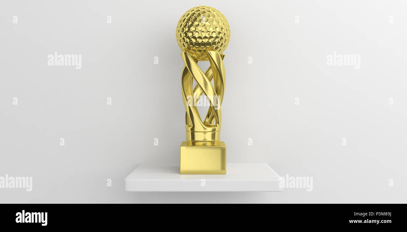 Golf cup. Golf golden trophy on a shelf, white wall background, copy