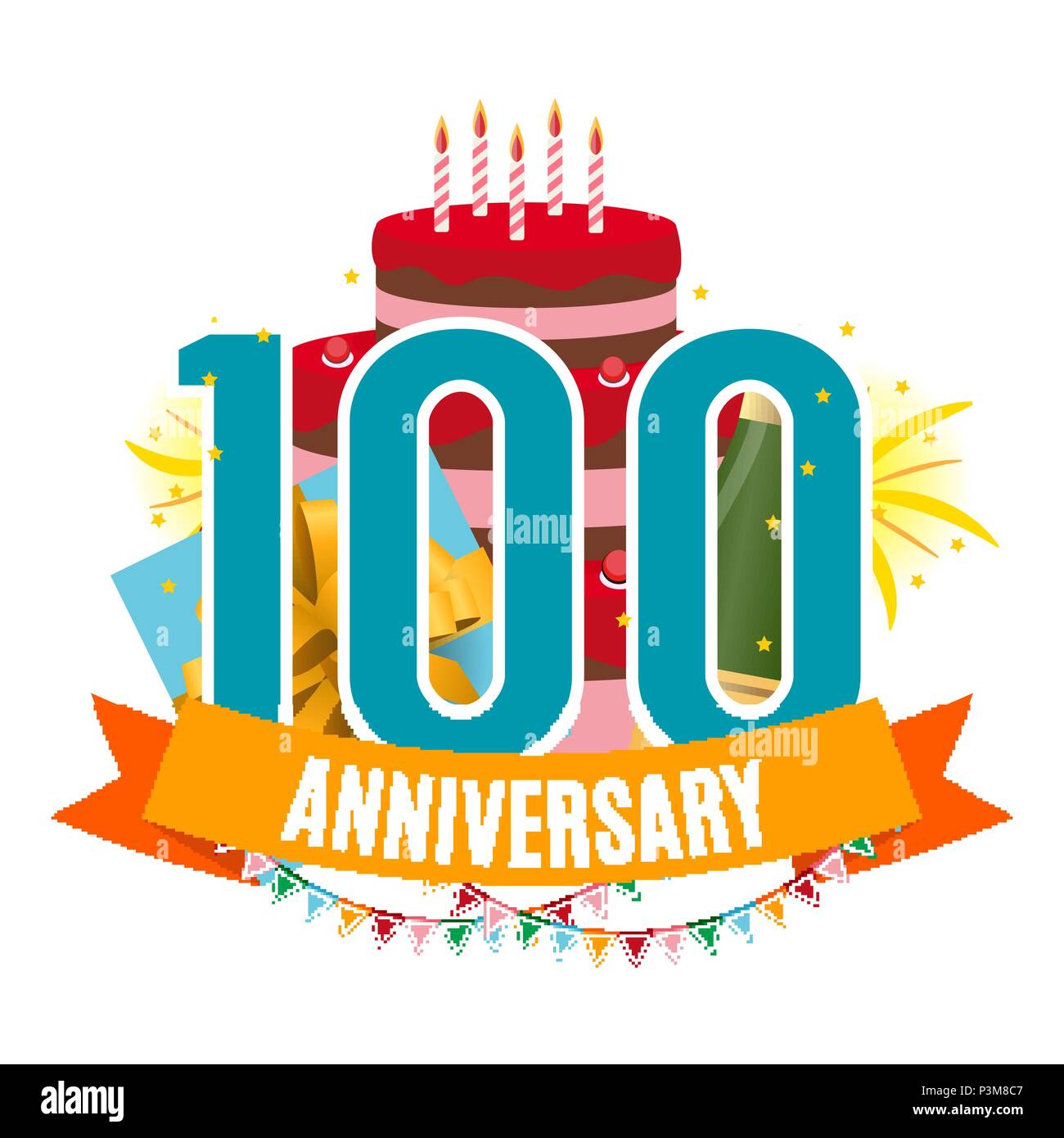 Template 100 Years Anniversary Congratulations, Greeting Card with Cake, Gift Box, Fireworks and