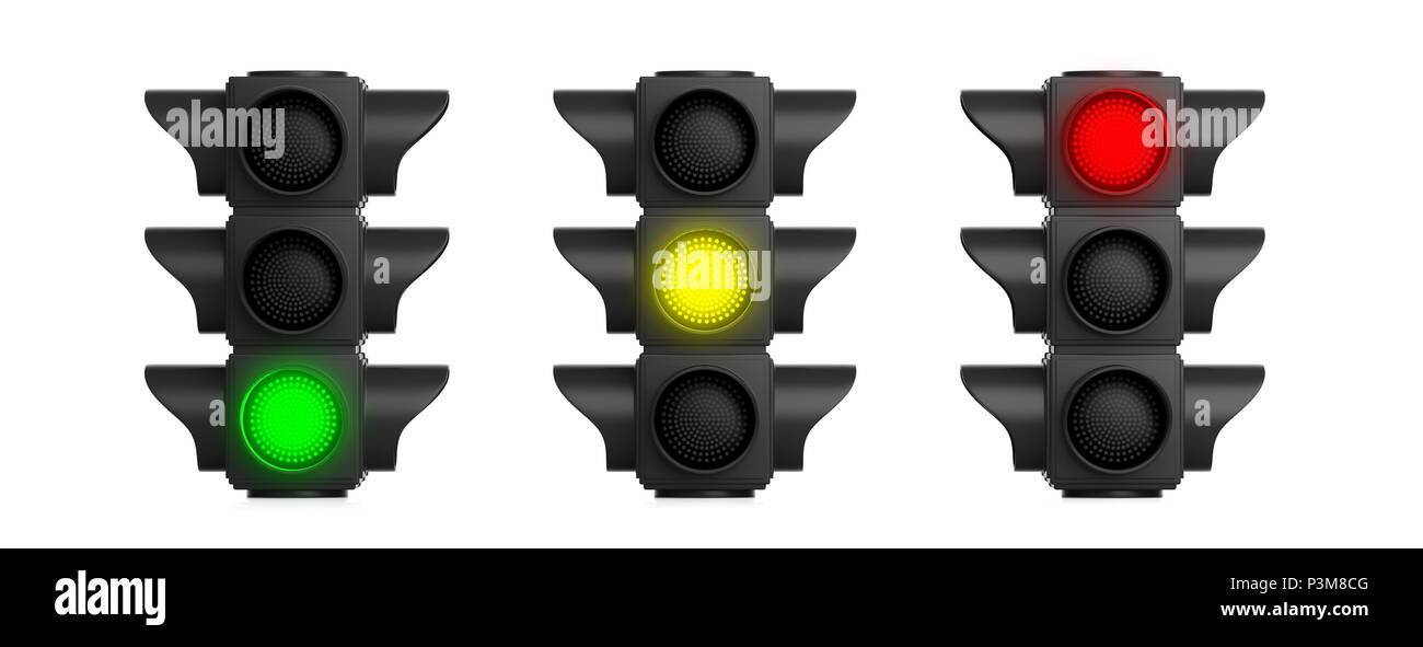 Traffic lights green, yellow, red isolated cut out on white background. 3d illustration Stock Photo