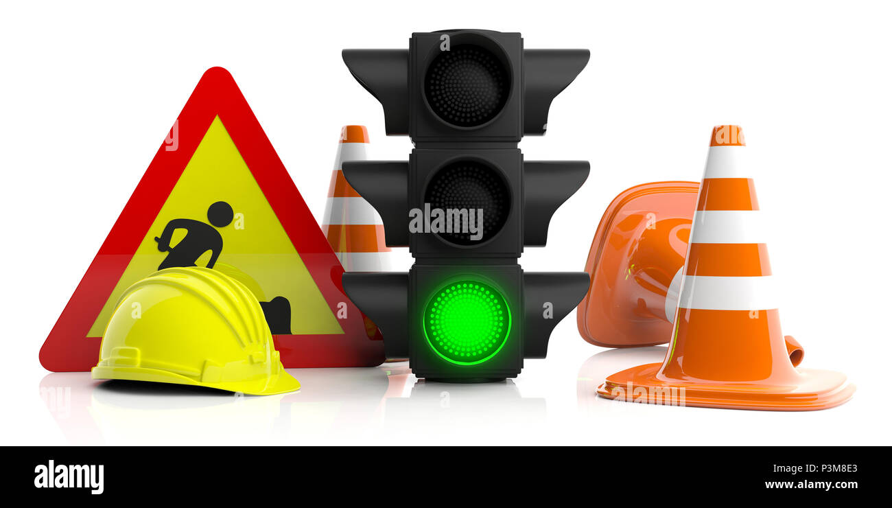 Work in progress. Road constuction signs isolated on white background. Green traffic light, road sign, hard hat and traffic cones, 3d illustration Stock Photo