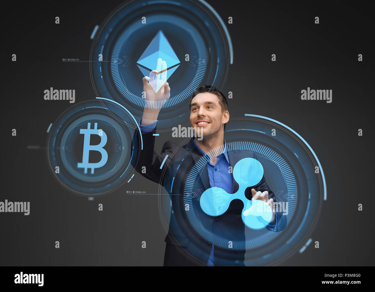 businessman with cryptocurrency holograms Stock Photo