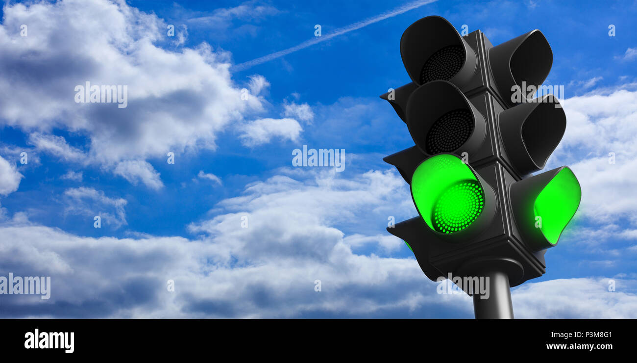 Green light concept.Traffic light, green go signal, on blue sky background, copy space. 3d