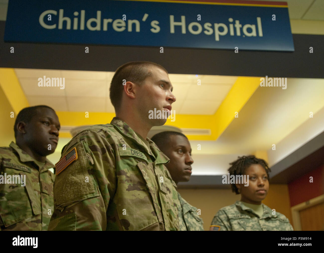 Soldiers in the Mississippi Army National Guard’s Recruit Sustainment Program (RSP) engaged with patients at Blair E. Batson Children’s Hospital on July 9, 2016. Stock Photo