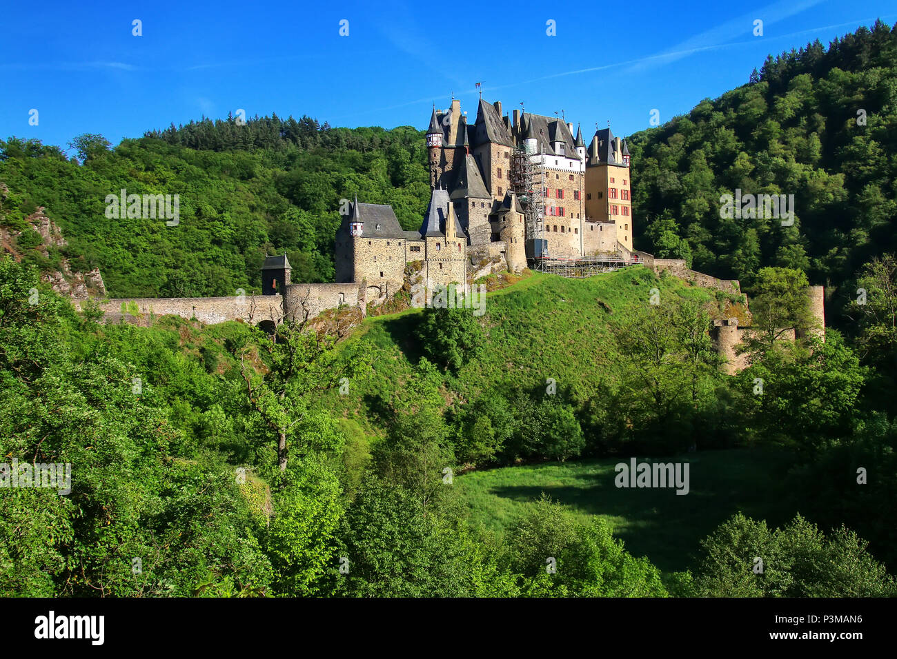 Eltz Castle in Rhineland-Palatinate, Germany. It was built in the 12th century and has never been destroyed. Stock Photo