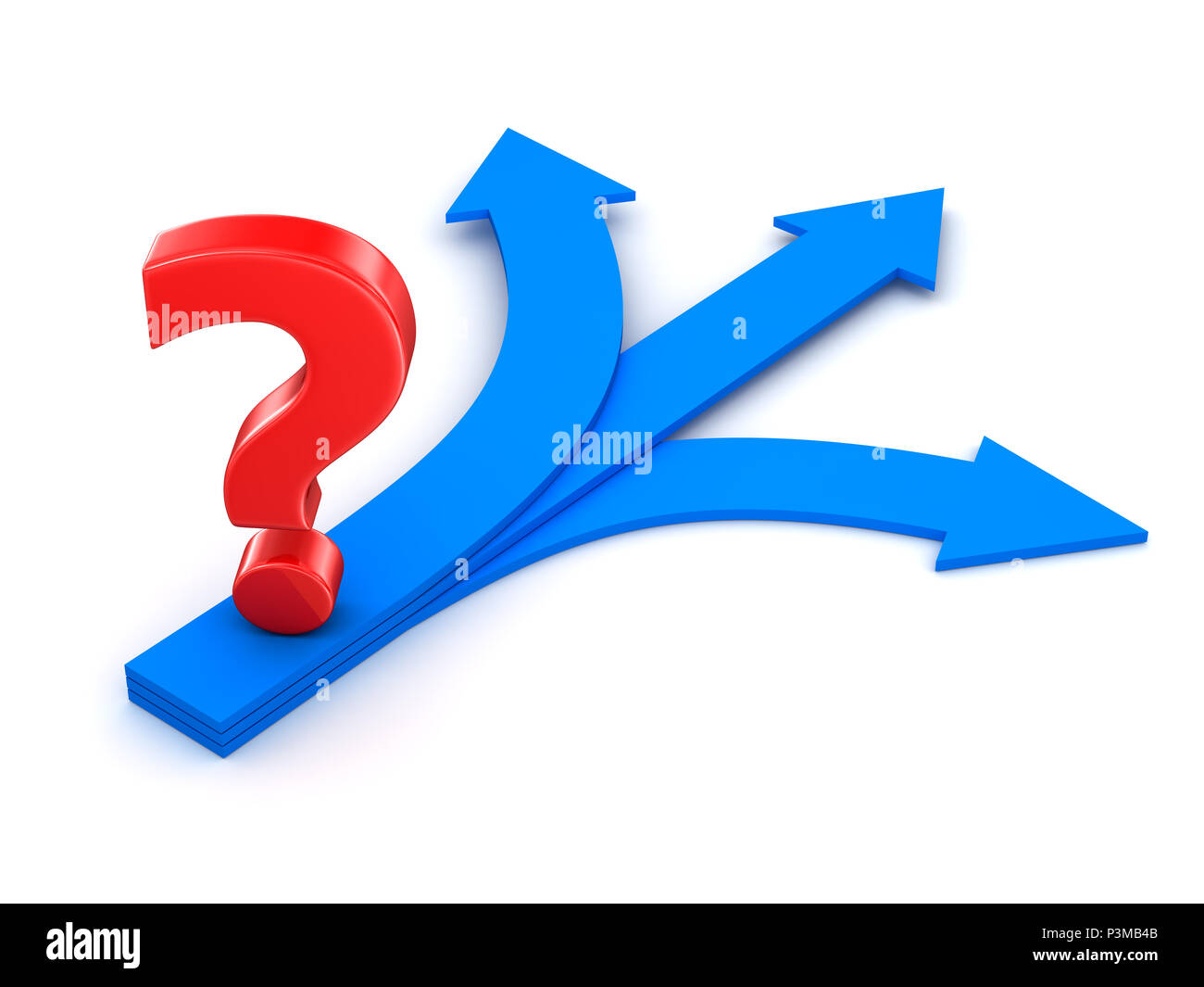 Question Mark on Blue Arrows , This is a 3d rendered computer generated image. Isolated on white. Stock Photo