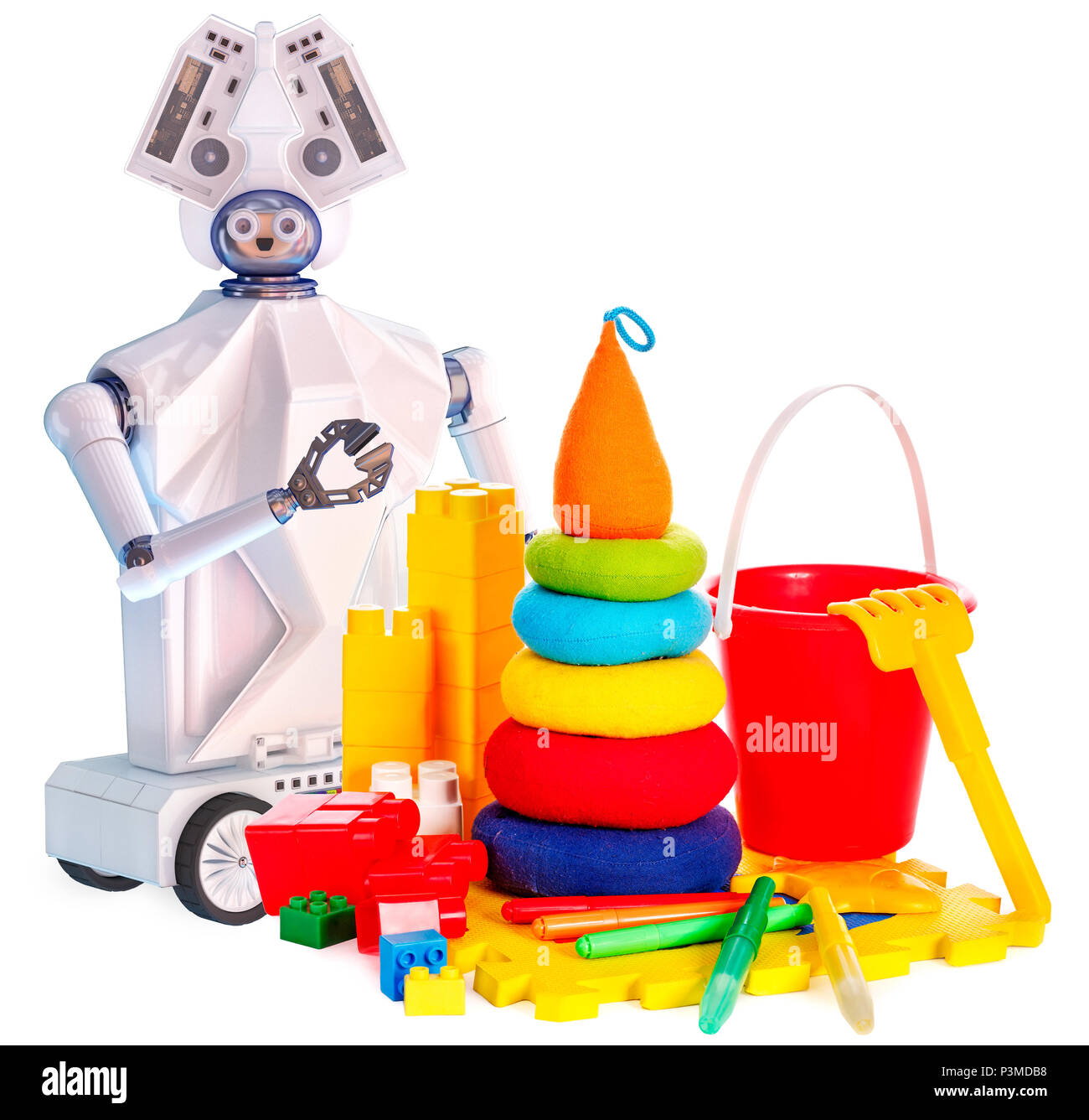 Robot toy on wheels and kids plastic toys. Stock Photo