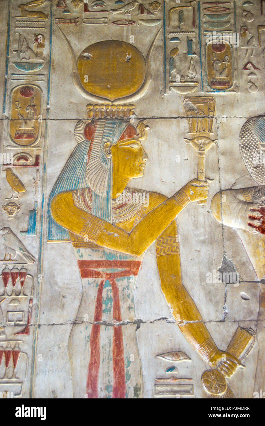 Colorfully painted bas relief carvings inside the Great Osiris Temple built by Pepi I, Abydos, Egypt. Stock Photo