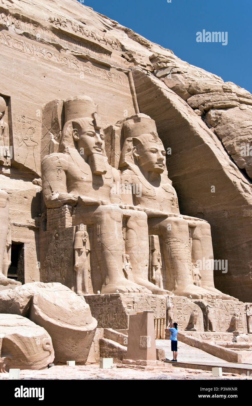 Colossal statues of pharaoh Rameses II decorate the facade of the Great