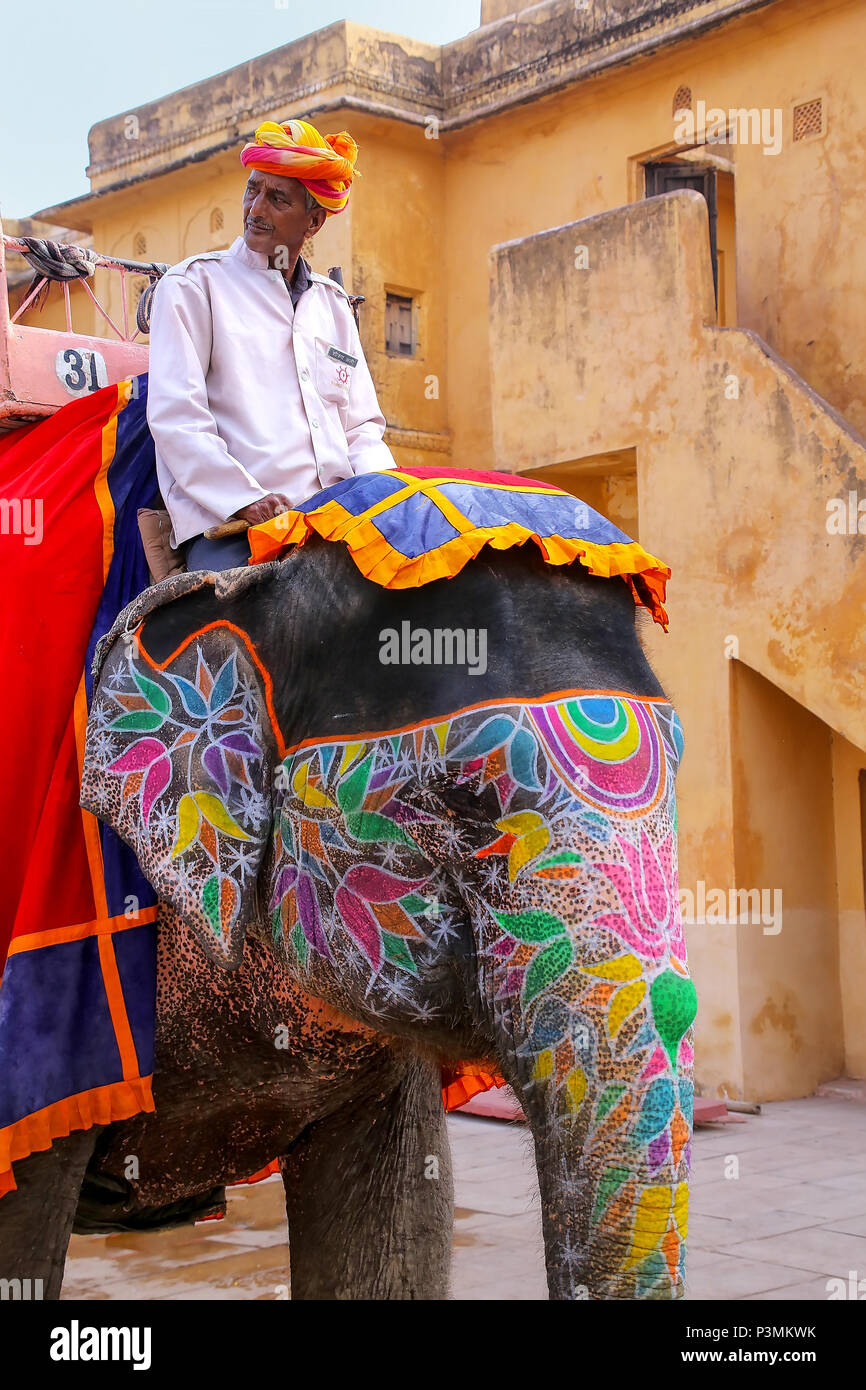 Mahout riding decorated elephant inside Jaleb Chowk (main courtyard) of ...