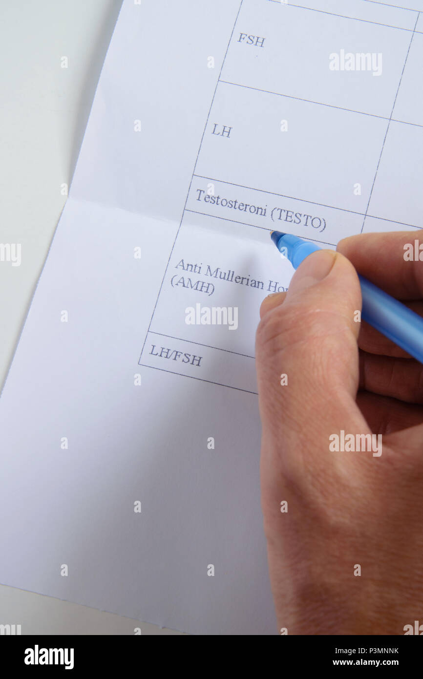 Top view of doctor hand consults blood tests list for female hormones