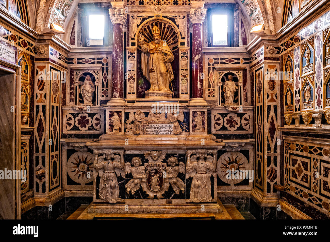 Italy Sardinia Cagliari Castello ( Casteddu ) District - Santa Maria Cathedral - sanctuary of the martyr saints ( Crypte  ) -chapel of San Lucifero - altar of the saint bishop of cagliari, Stock Photo