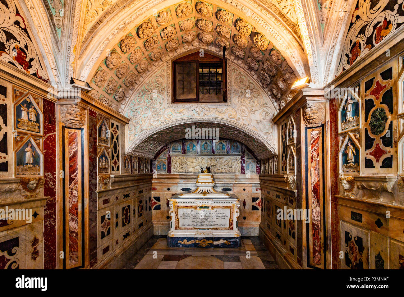 Italy Sardinia Cagliari Castello ( Casteddu ) District - Santa Maria Cathedral - sanctuary of the martyr saints ( Crypte  ) -chapel of Saint Saturninus -monument, at the end of the chapel, dedicated to the prince of Savoy Carlo Emanuele Stock Photo