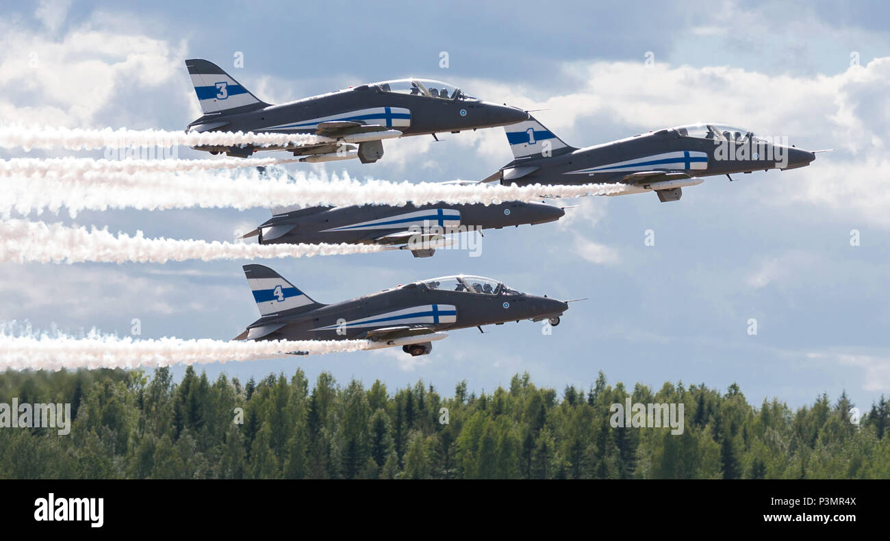 Midnight Hawks aerobatic team performing at the 100 years anniversary Air Show of the Finnish Air Force at Tikkakoski, Finland on 16 June 2018. Stock Photo