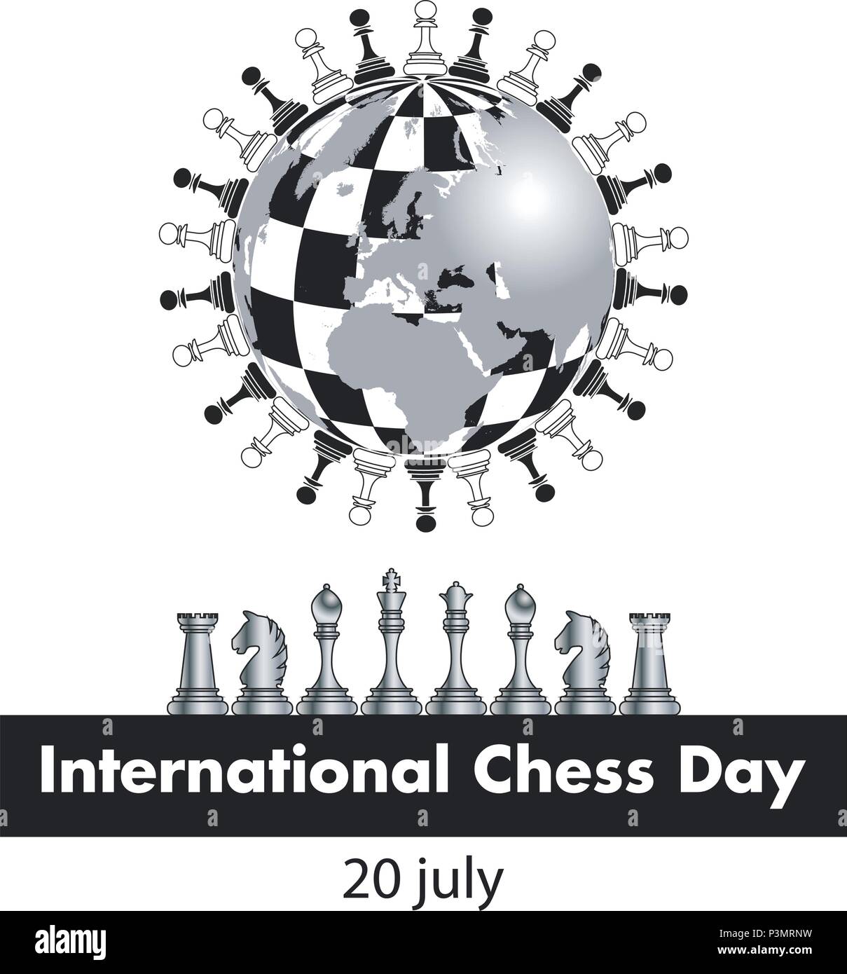The International chess day is celebrated annually on July 20, Chess pieces are located on the globe stylized under a chessboard Stock Vector