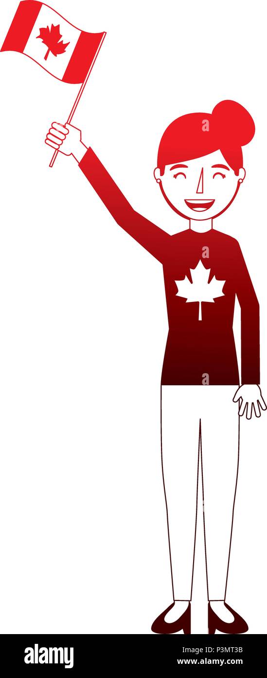 woman holding canadian flag celebration vector illustration neon Stock Vector