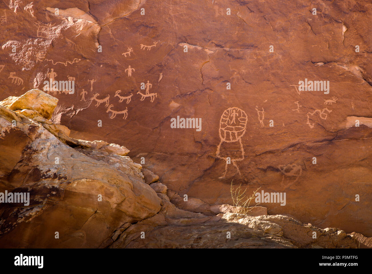 Prehistoric Ancestral Puebloan petroglyphs in San Juan County in southeastern Utah, United States Stock Photo