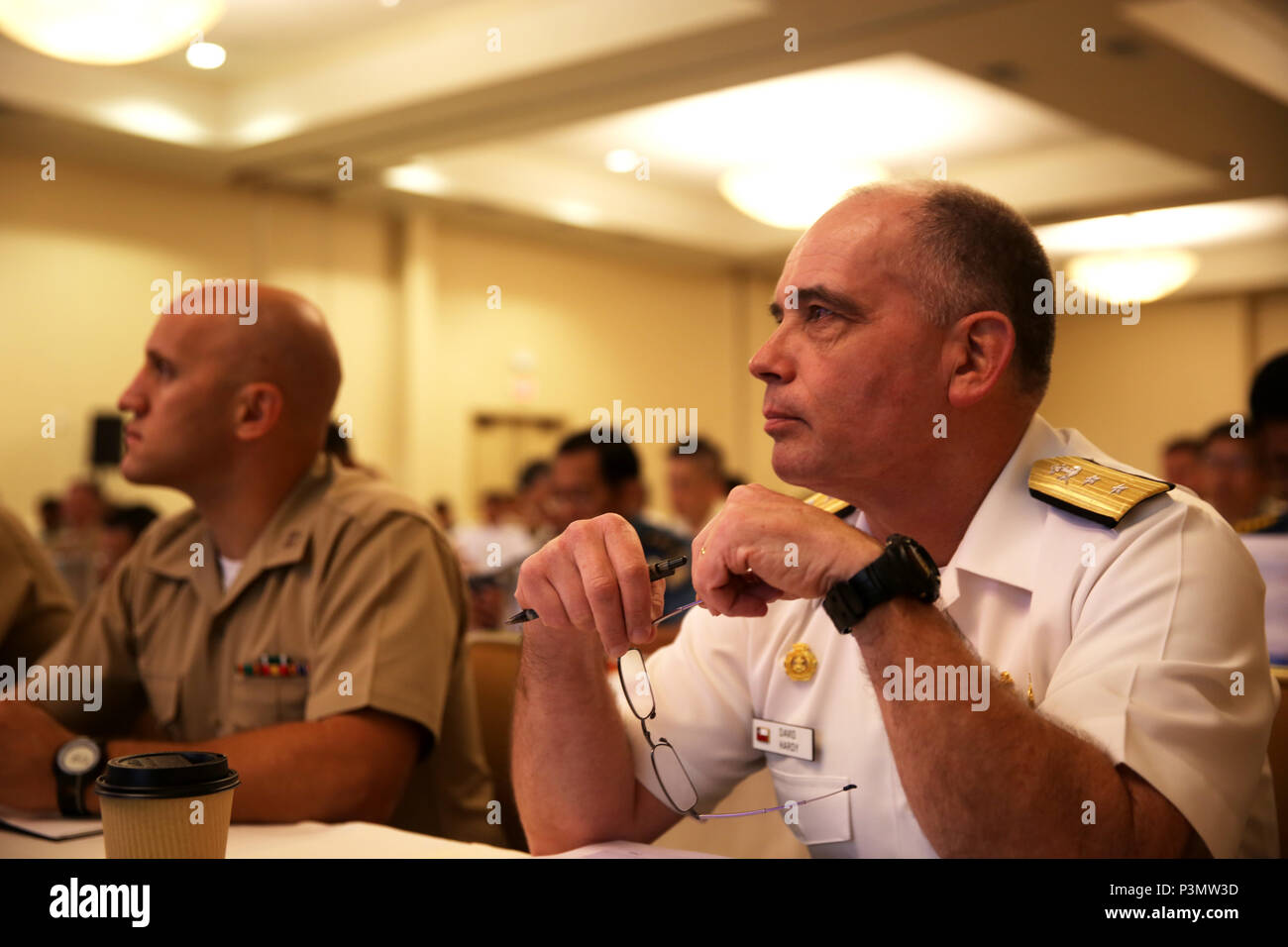 SAN DIEGO Calif. - Rear Admiral David A. Hardy, the general commandant of the Chilean Marine Corps, takes part in the Pacific Command Amphibious Leaders Symposium 2016 conference in San Diego, Calif., July 11, 2016. PALS brings together senior leaders of allied and partner nations throughout the Indo-Asia Pacific region. Service members will talk about key aspects of maritime and amphibious operations and interoperability. (U.S. Marine Corps photo by Cpl. Demetrius Morgan/ RELEASED) Stock Photo