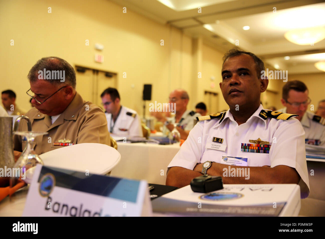 SAN DIEGO Calif. - Commodore Mohammed Abu Ashraf, the Bangladesh Naval aviation commodore, takes part in the Pacific Command Amphibious Leaders Symposium 2016 conference in San Diego, Calif., July 11, 2016. PALS provides senior military leaders with a platform to interact with one another while discussing various ways to conduct military operations. Academic discussions are held to inform one another of the many different capabilities each nation has to offer to support potential missions and objectives. (U.S. Marine Corps photo by Cpl. Demetrius Morgan/ RELEASED) Stock Photo