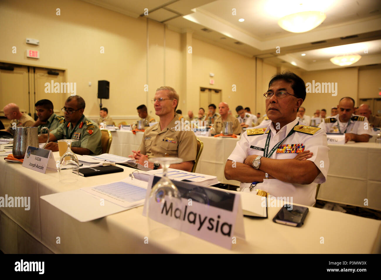 SAN DIEGO Calif. - Vice Admiral Dato Anuwi Bin Hassan, the deputy chief of Navy for the Royal Malaysian Navy, takes part in the Pacific Command Amphibious Leaders Symposium 2016 conference July 11, 2016. During the symposium, military services from around the world will come together to build a closer military-to-military bond with one another. Closer bonds between other military facilitate clear lines of communication and foster a spirit of cooperation to meet potential global challenges. (U.S. Marine Corps photo by Cpl. Demetrius Morgan/ RELEASED) Stock Photo