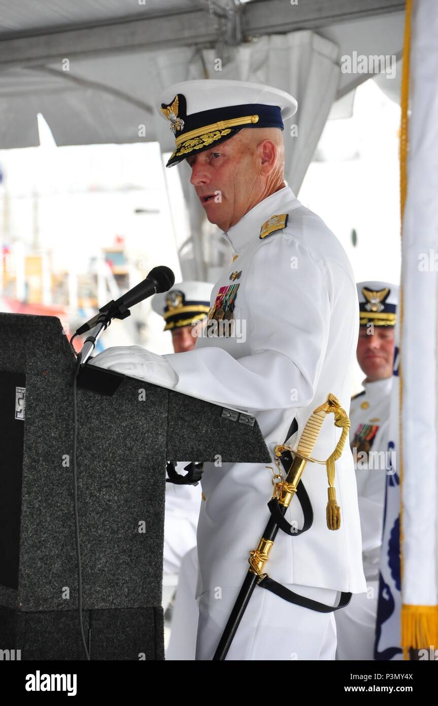 Coast Guard Vice Adm. William "Dean" Lee, Atlantic Area commander, speaks  from the podium during a change-of-command ceremony onboard the Coast Guard  Cutter Legare July 12, 2016 at Base Portsmouth in Portsmouth,