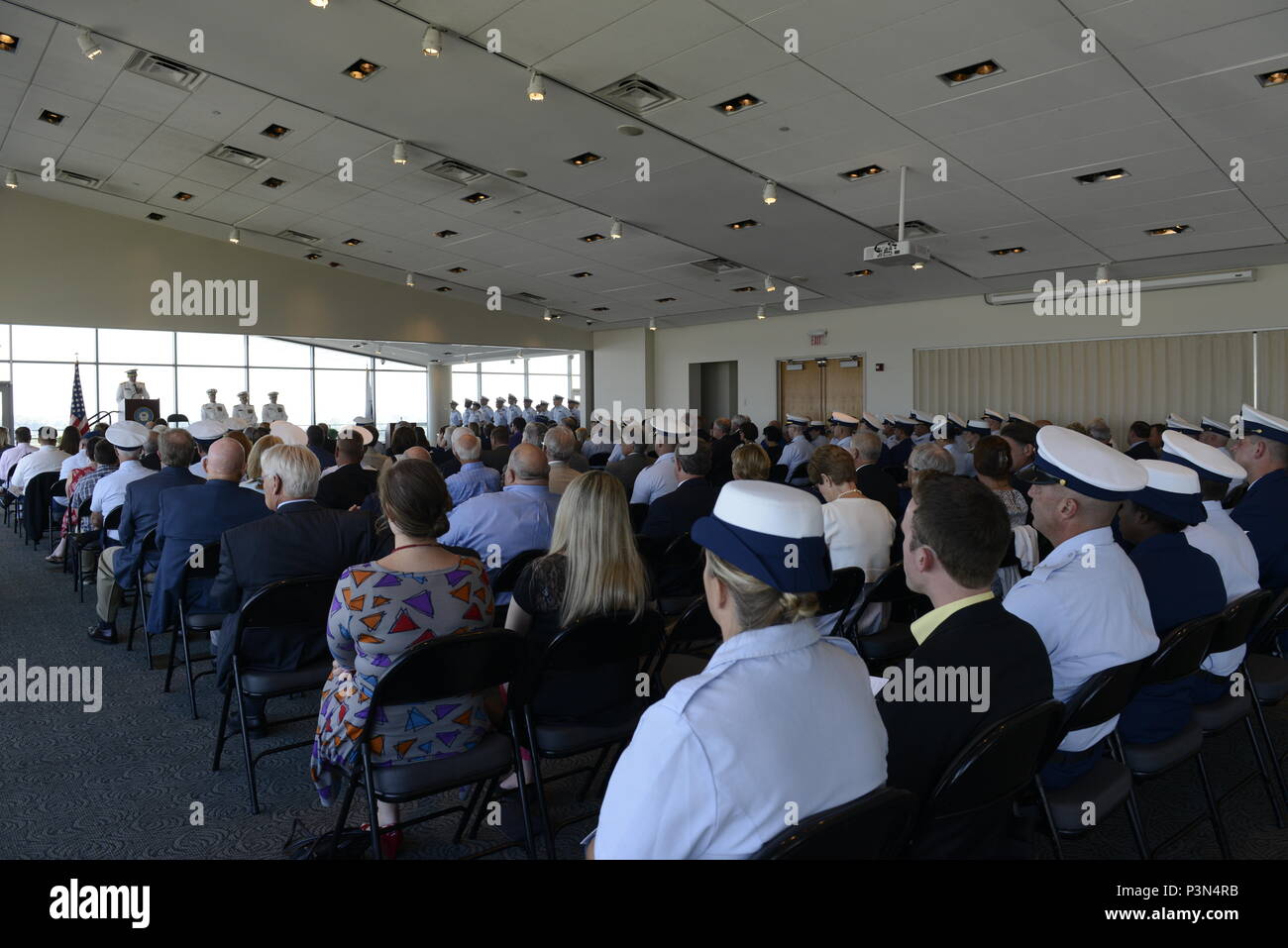 Rear Adm. David R. Callahan, Commander of the Eighth Coast Guard District presides, over the Coast Guard Sector Ohio Valley change-of-command ceremony in Louisville, Kentucky, July 15, 2016. Command was passed from Capt. Richard V. Timme and assumed by Capt. Michael B. Zamperini. U.S. Coast Guard photo by Petty Officer 3rd Class Lora Ratliff Stock Photo