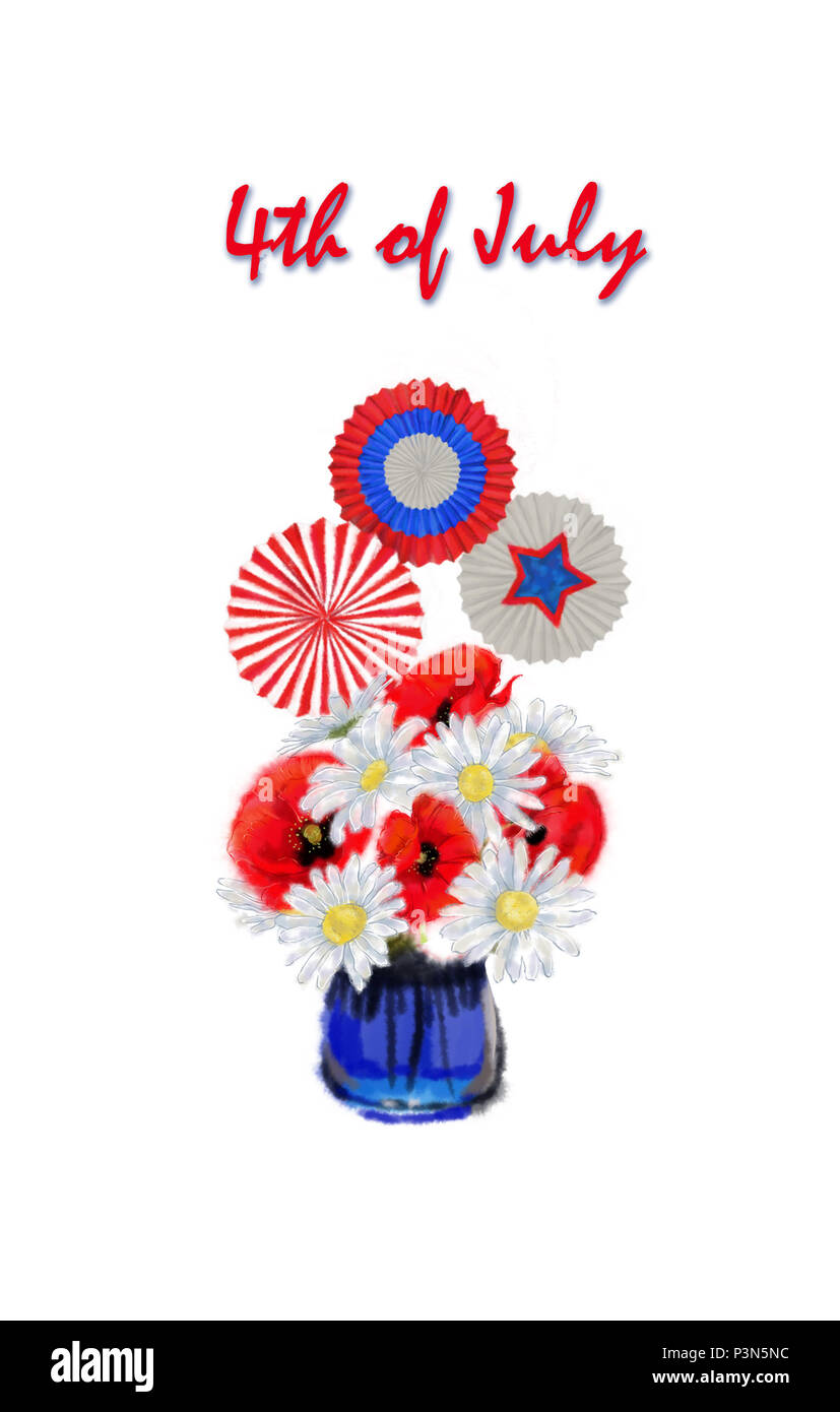 Small 4th of July Floral Arrangement with Patriotic Color Cockades and Stars. Daisy and Poppy Bouquet with Tricolor Decor for Fourth of July Clip Art. Stock Photo