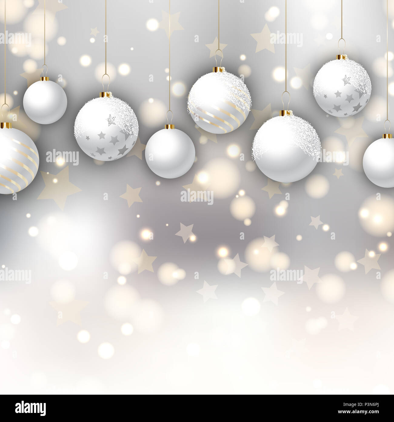 Hanging Christmas baubles on a gold starry background Stock Photo - Alamy