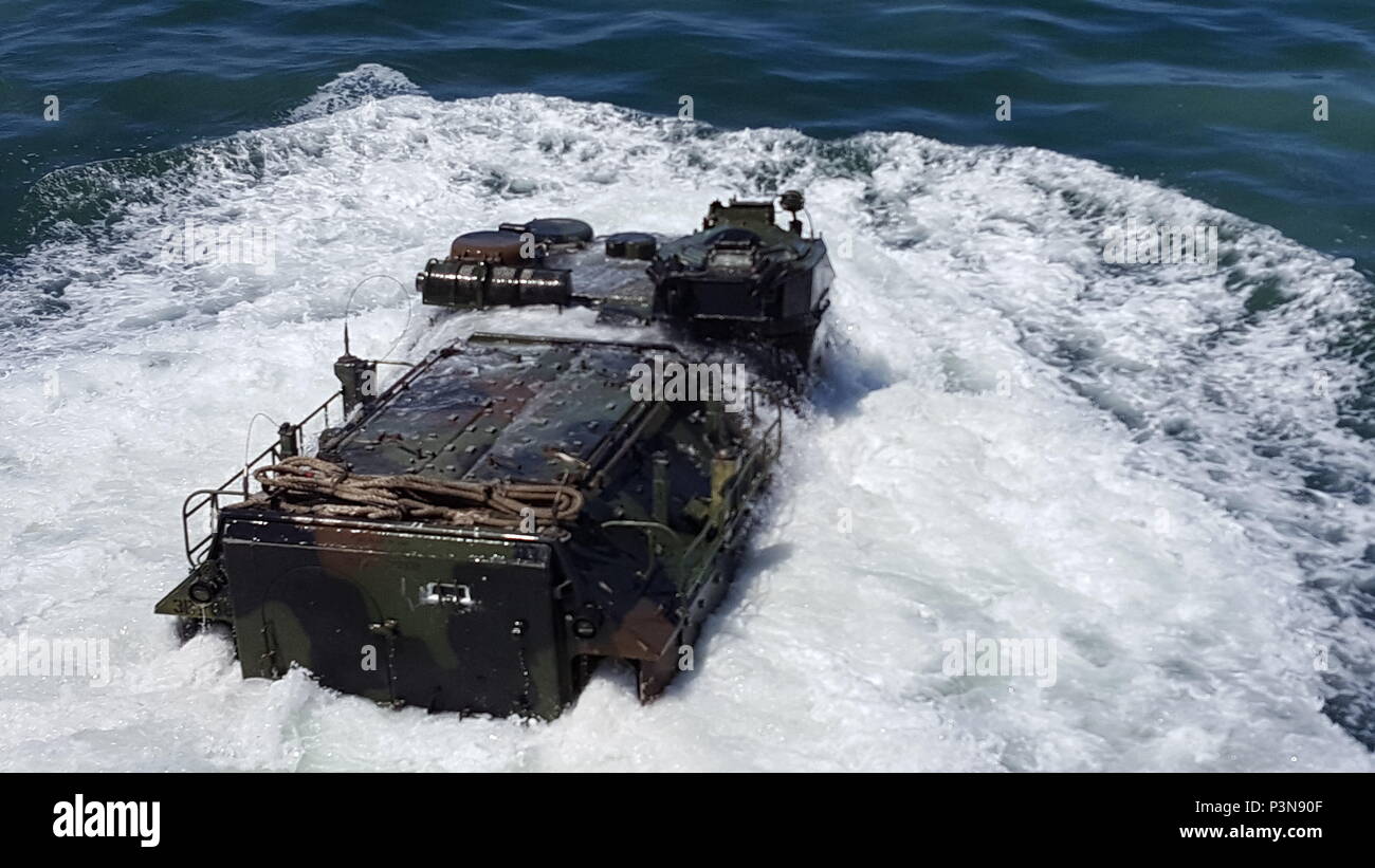 An amphibious assault vehicle reemerges after disembarking the Mexican navy tank landing ship ARM Usumacinta (A-412) July 5, 2016. U.S. Marines assigned to Bravo Company, 3rd Amphibious Assault Battalion practiced AAV embarkation procedures with crewmembers of the Usumacinta (A-412) as part of the Rim of Pacific 2016 exercise. Twenty-six nations, more than 40 ships and submarines, more than 200 aircraft and 25,000 personnel are participating in RIMPAC from June 30 to Aug. 4, in and around the Hawaiian Islands and Southern California. The world's largest international maritime exercise, RIMPAC  Stock Photo