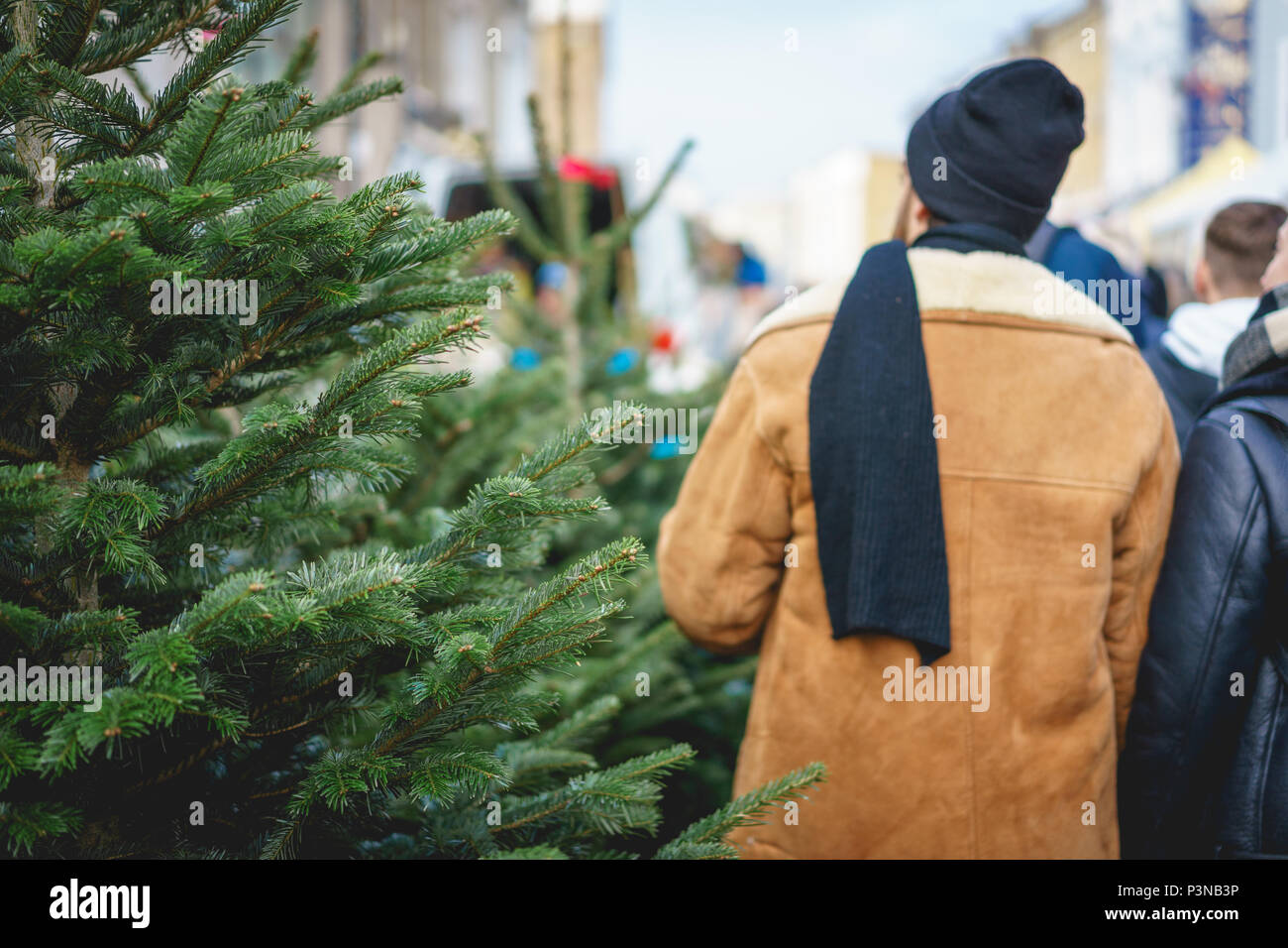 London, UK - December 2017. Christmas trees on sale in Portobello Road in Notting Hill. Stock Photo