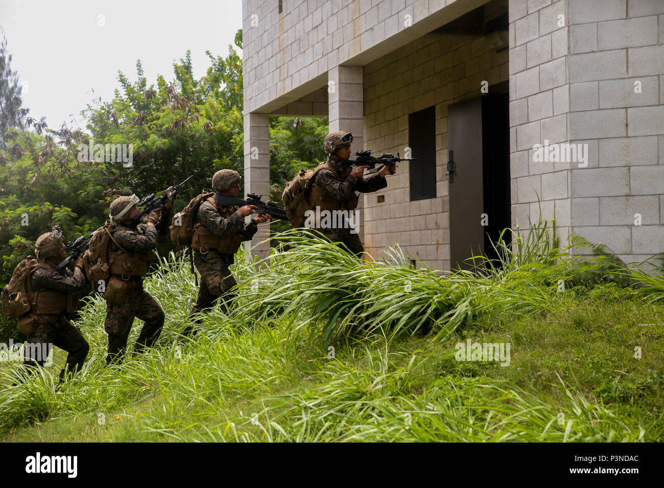 160714-M-JM737-059 KAHUKU TRAINING AREA, Hawaii (July 13, 2016) - A U.S. Marine fireteam from Golf Company, 2nd Battalion, 3rd Marines, approach their objective as part of a raid during Rim of the Pacific 2016. Twenty-six nations, 49 ships, six submarines, about 200 aircraft, and 25,000 personnel are participating in RIMPAC 16 from June 29 to Aug. 4 in and around the Hawaiian Islands and Southern California. The world’s largest international maritime exercise, RIMPAC provides a unique training opportunity while fostering and sustaining cooperative relationships between participants critical to Stock Photo