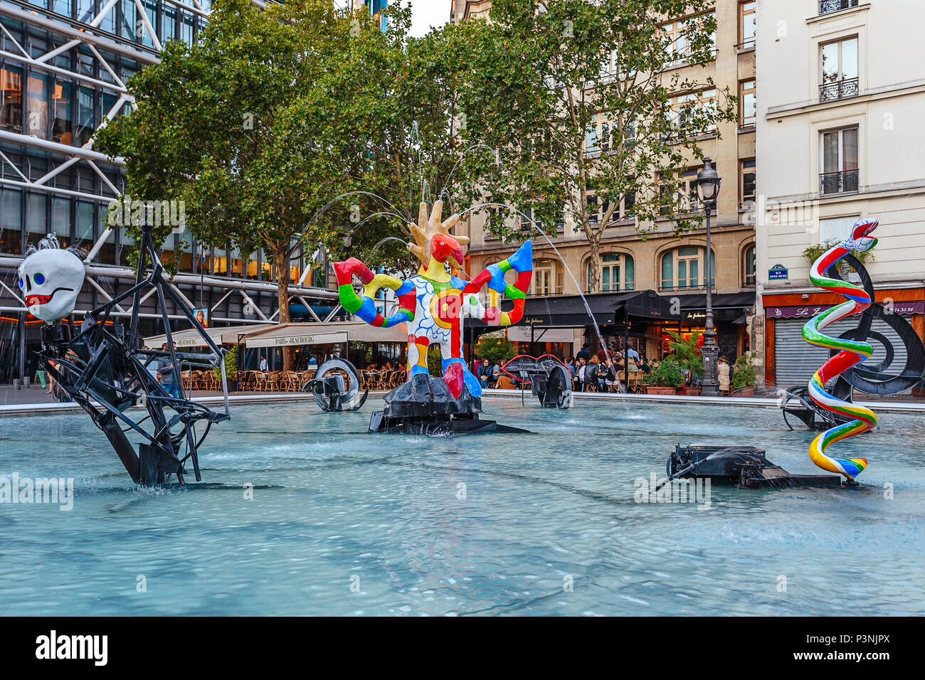 PARIS, FRANCE - 09 AUGUST, 2017: Stravinsky Fountain (1983) is a fountain with 16 works of sculpture. Stock Photo