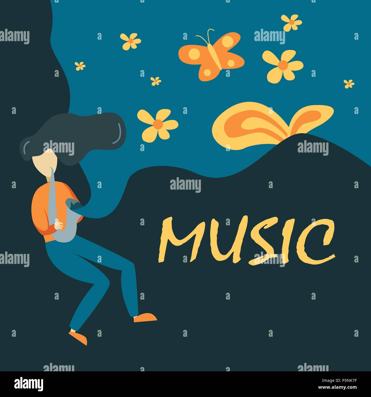 Saxophone Player Vector Illustration In Primitive Cartoon Childish Style Isolated On Floral Background Stock Vector