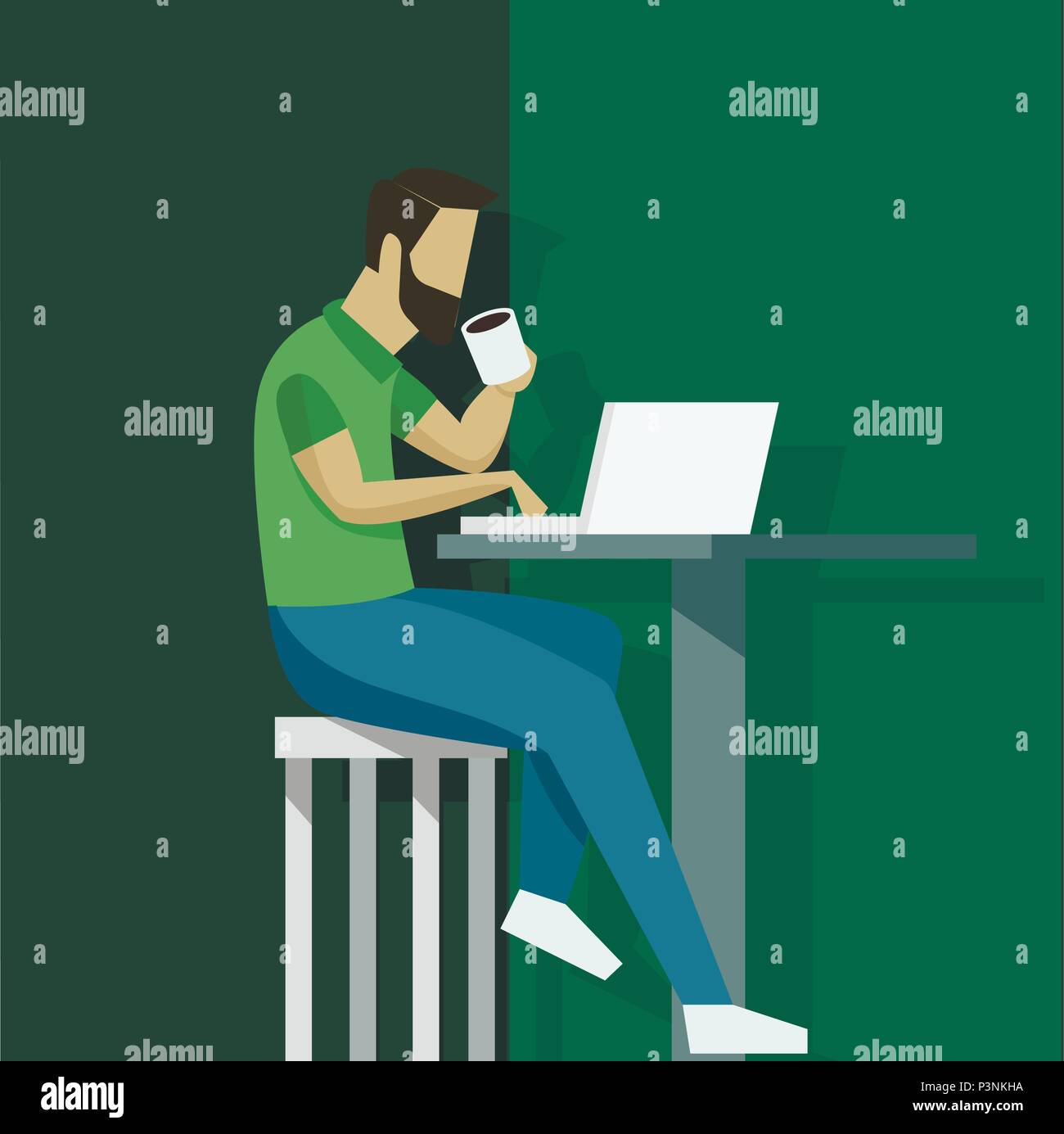 Vector illustration in flat style with business man character - guy sitting at the desk with laptop - start up, freelance and outsource work concept Stock Vector