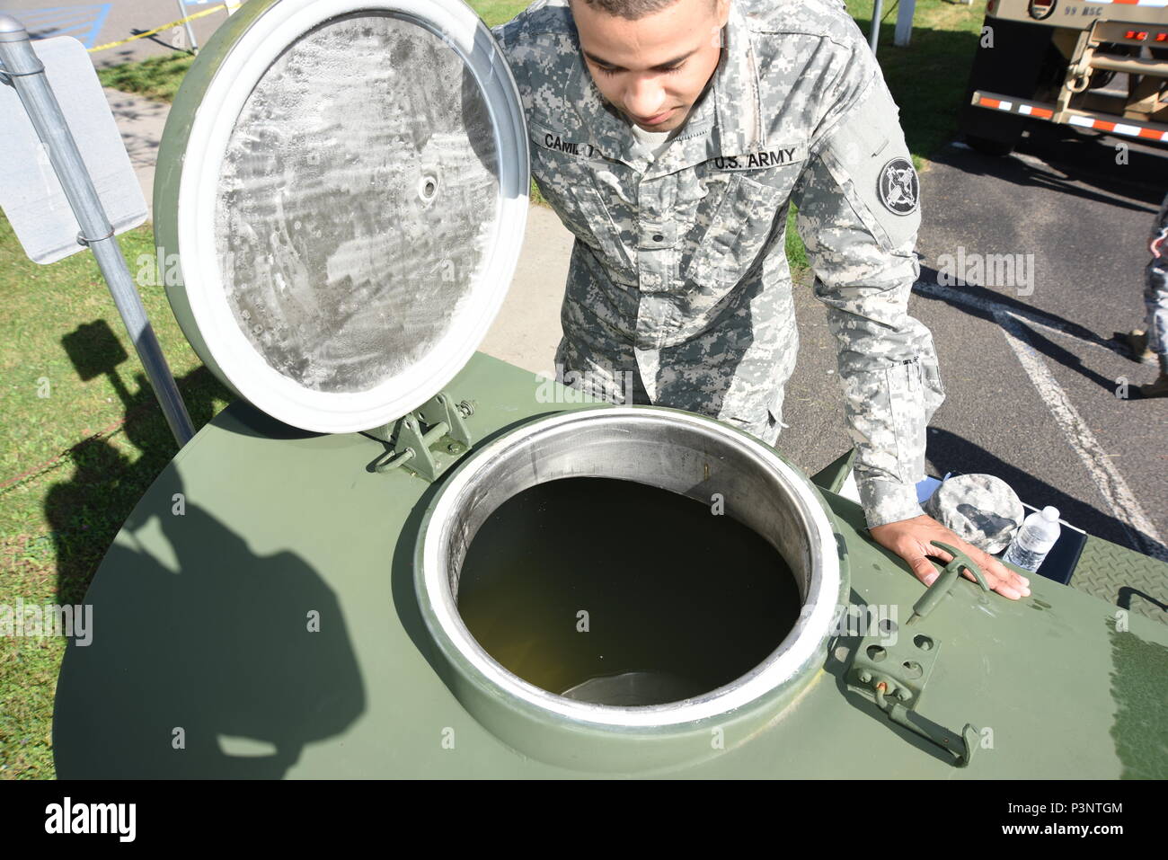 U.S Army Cadet Angel Camilo, training at the 48th Combat Support Hospital, confirms appropriate tank water levels during the Greater Chenango Cares Innovative Readiness Training mission July 19, 2016, in Norwich, N.Y. More than 190 Air Force, Navy, and Army personnel participated in the 10-day operation, offering medical, dental, optometry, and veterinary assistance.  (U.S. Air National Guard photo by Senior Master Sgt. Elizabeth Gilbert) Stock Photo