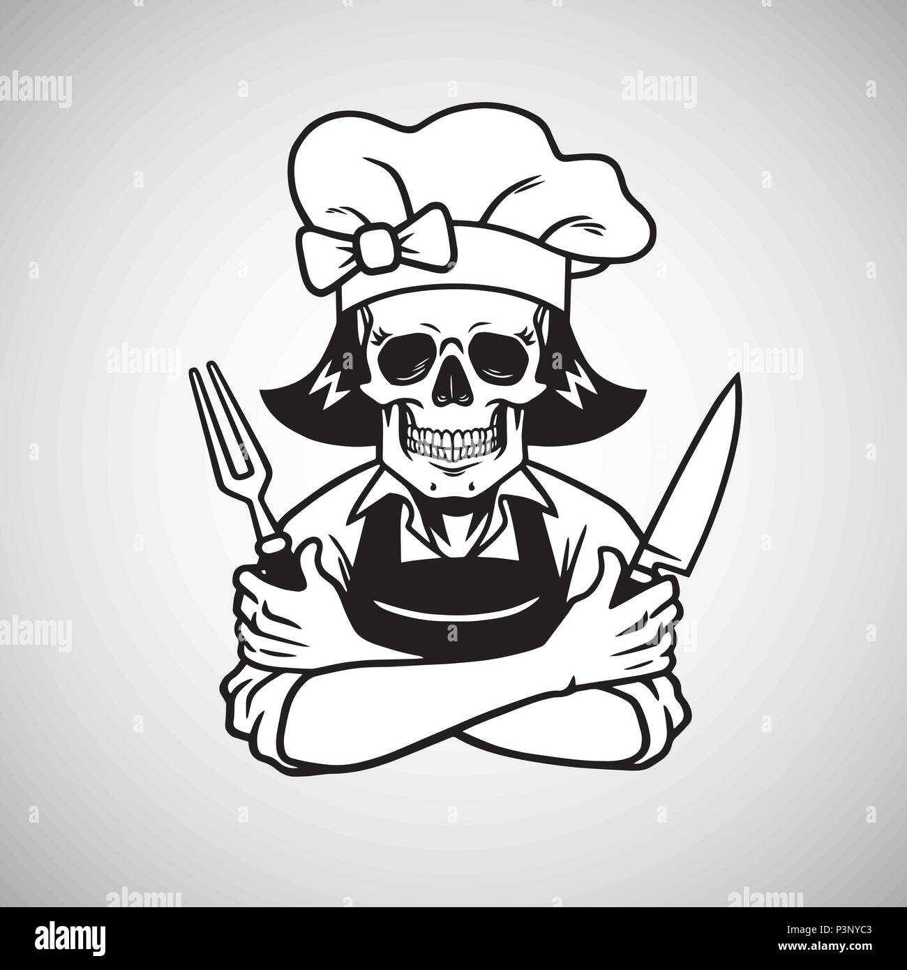 Dead Lady Skull Chef Logo Grinning with Fork, Knive, and Hat. Vector Drawing Stock Vector