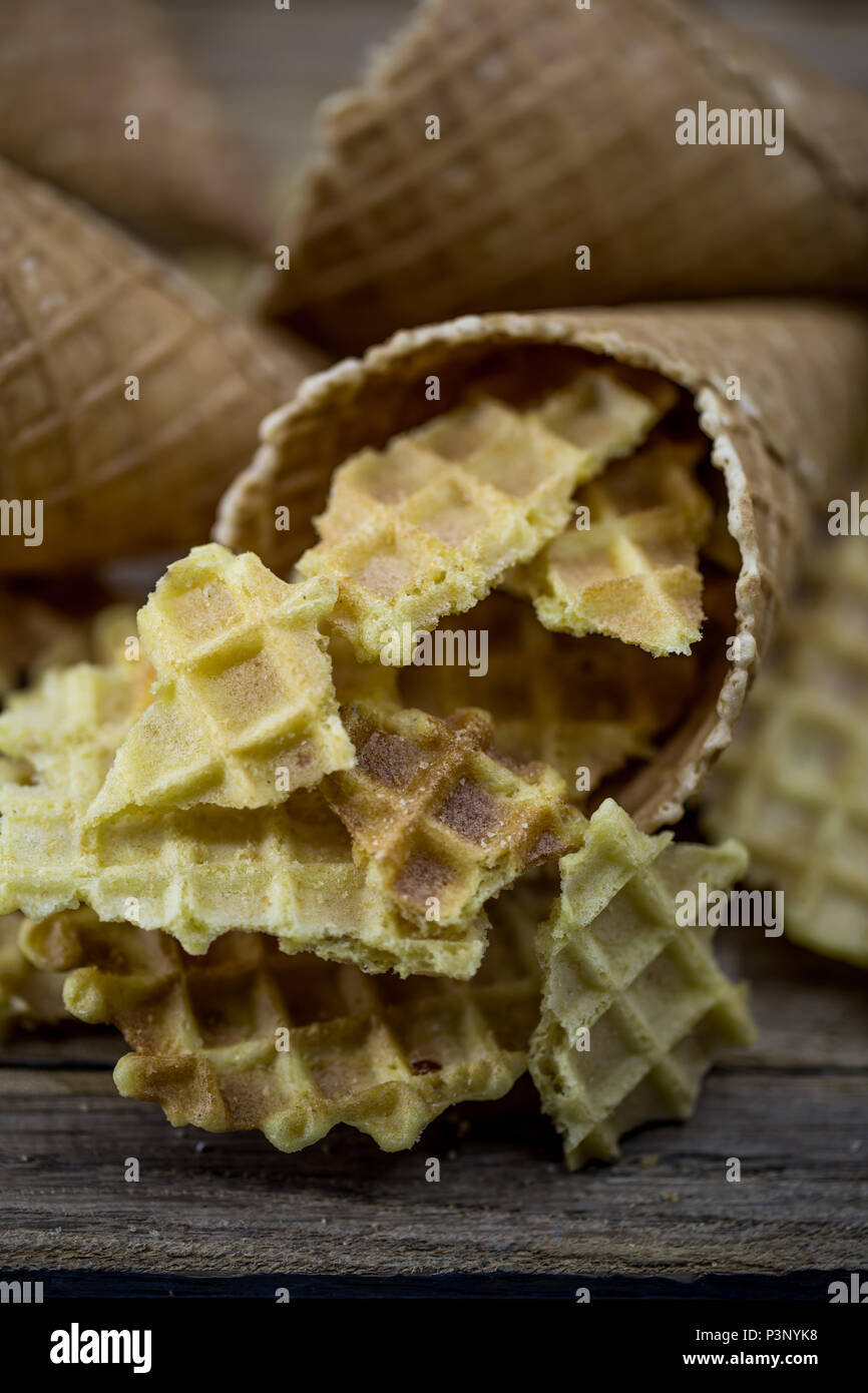 Waffles closeup,texture waffle,pieces waffle on a wooden background Stock Photo