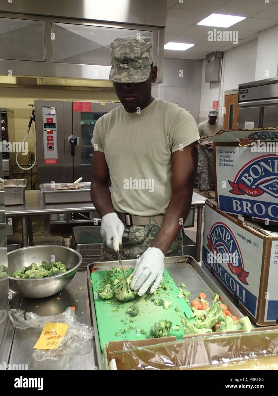 Pfc. Ontarius Hicks, a nutrition care specialist from Company A, 48th Combat Support Hospital out of Fort Story, Va., prepares dinner for other service members during Greater Chenango Cares, July 22, 2016.  Greater Chenango Cares is one of the Innovative Readiness Training events which provides real-world training in a joint civil-military environment while delivering world-class medical care to the people of Chenango County, N.Y., from July 15-24. Stock Photo