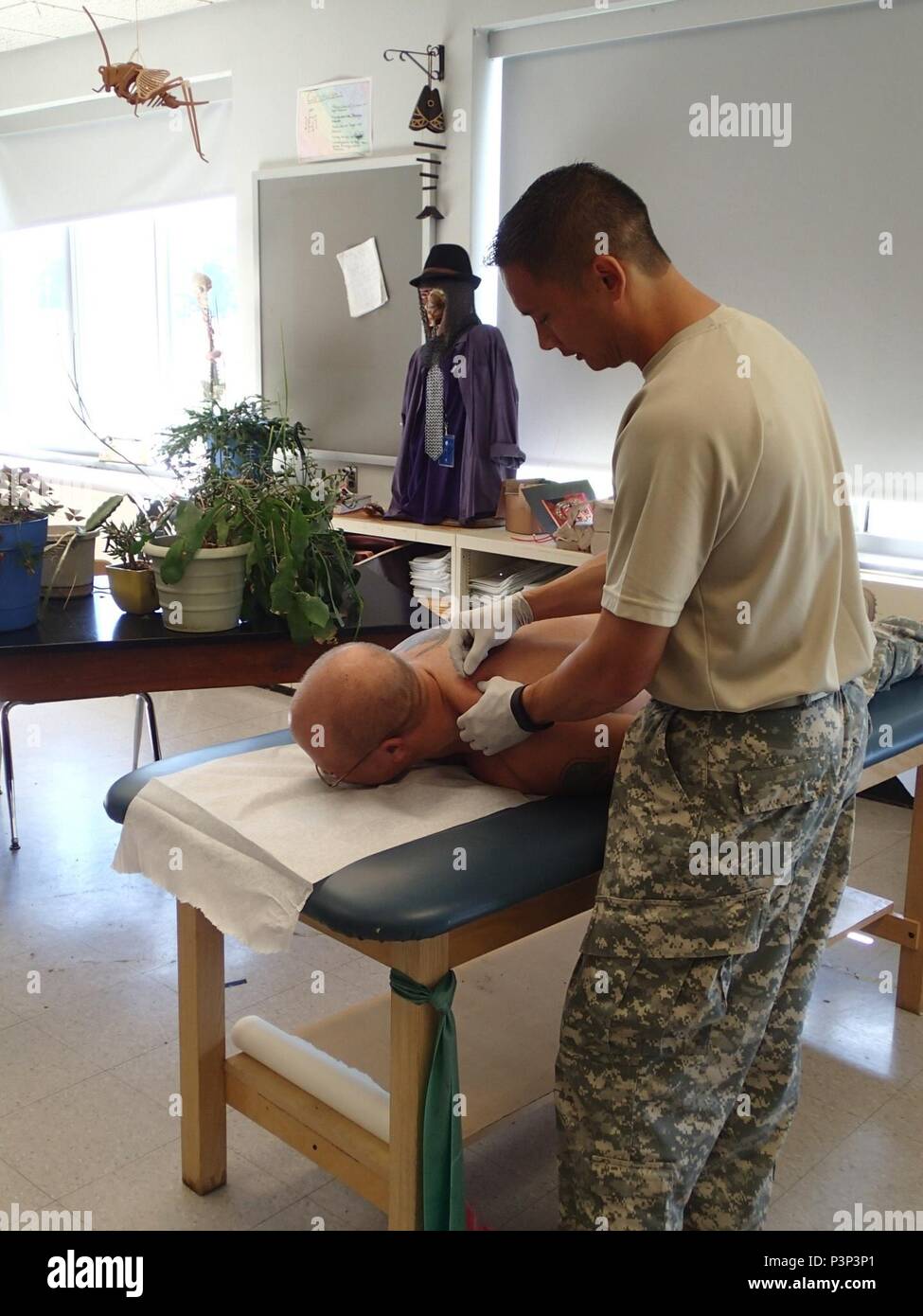 Maj. Joseph Flores, a physical therapist with Company A, 48th Combat Support Hospital out of Fort Story, Va., performs a dry needling therapy technique on a patient during Greater Chenango Cares, July 23, 2016.  Greater Chenango Cares is one of the Innovative Readiness Training events which provides real-world training in a joint civil-military environment while delivering world-class medical care to the people of Chenango County, N.Y., from July 15-24. Stock Photo