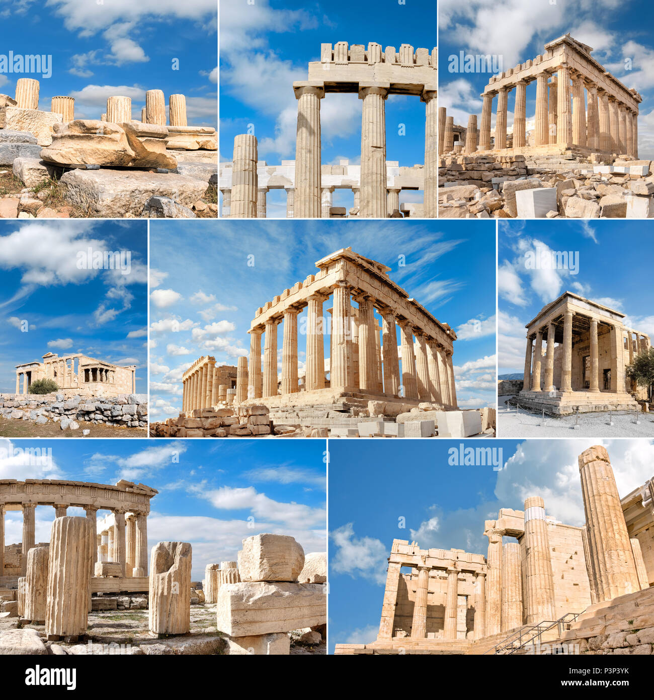 Temples on Acropolis Hill in Athens, Greece, set of eight pictures Stock Photo