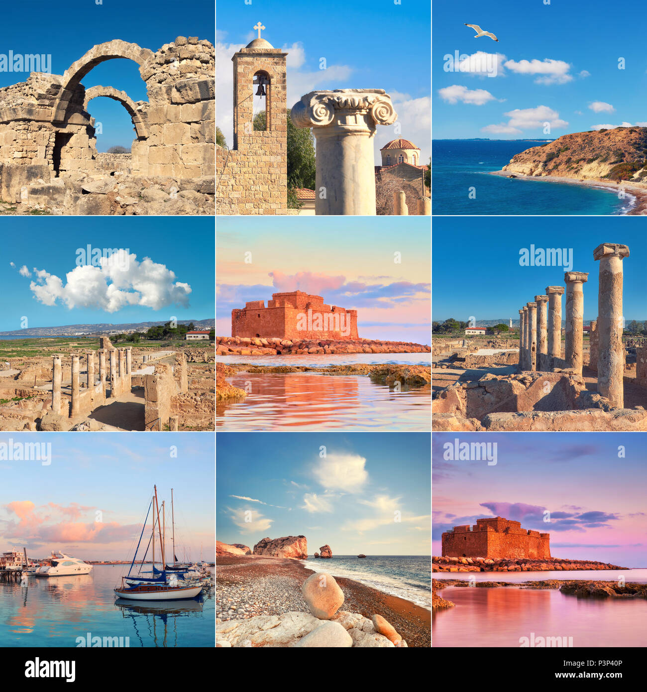 Romantic Cyprus destinations, set of nine pictures, including Harbour Castle, Aphfodite rock and Kato Archaeological Park sites, square composition Stock Photo