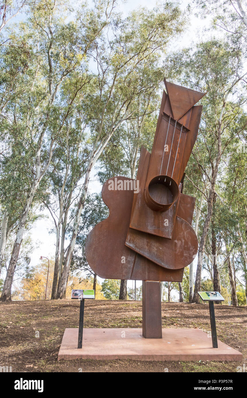 20 meter replica Picasso Guitar sculpture by Peter Hooper in Corten Steel on display in Tamworth NSW Australia. Stock Photo