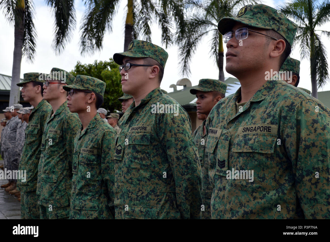 Soldiers assigned to the 9th Infantry Brigade, 6th Division, Singapore  Armed Forces (SAF), stand alongside their U.S. Army partners during the  opening ceremony of Tiger Balm 16 at the 298th Regiment, Multi-Functional