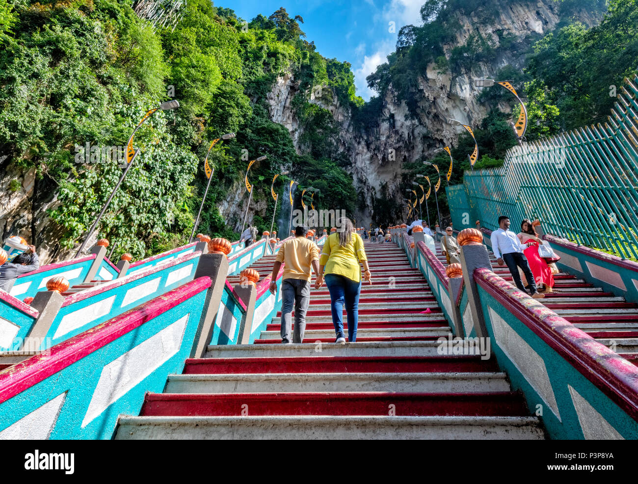 The extremely long and tiring staircase that leads to the Hindu Temple in the Batu Caves at Selangor, on Borneo, Malaysia Stock Photo