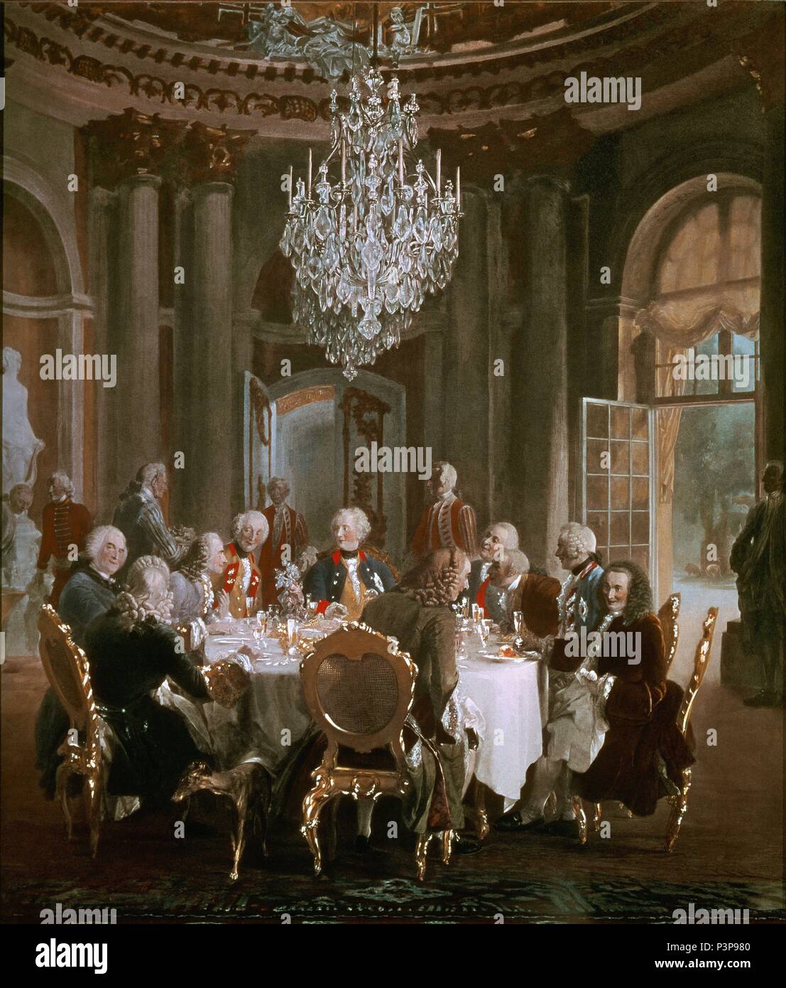 German school. Frederick the Great entertaining guests and Voltaire in his Sansouci palace in Potsdam. 1850. Berlin, Staatliche Museen (Alte Nationalgalerie). Author: Adolph Menzel (1815-1905). Location: STAATLICHE MUSEUM, BERLIN, GERMANY. Stock Photo