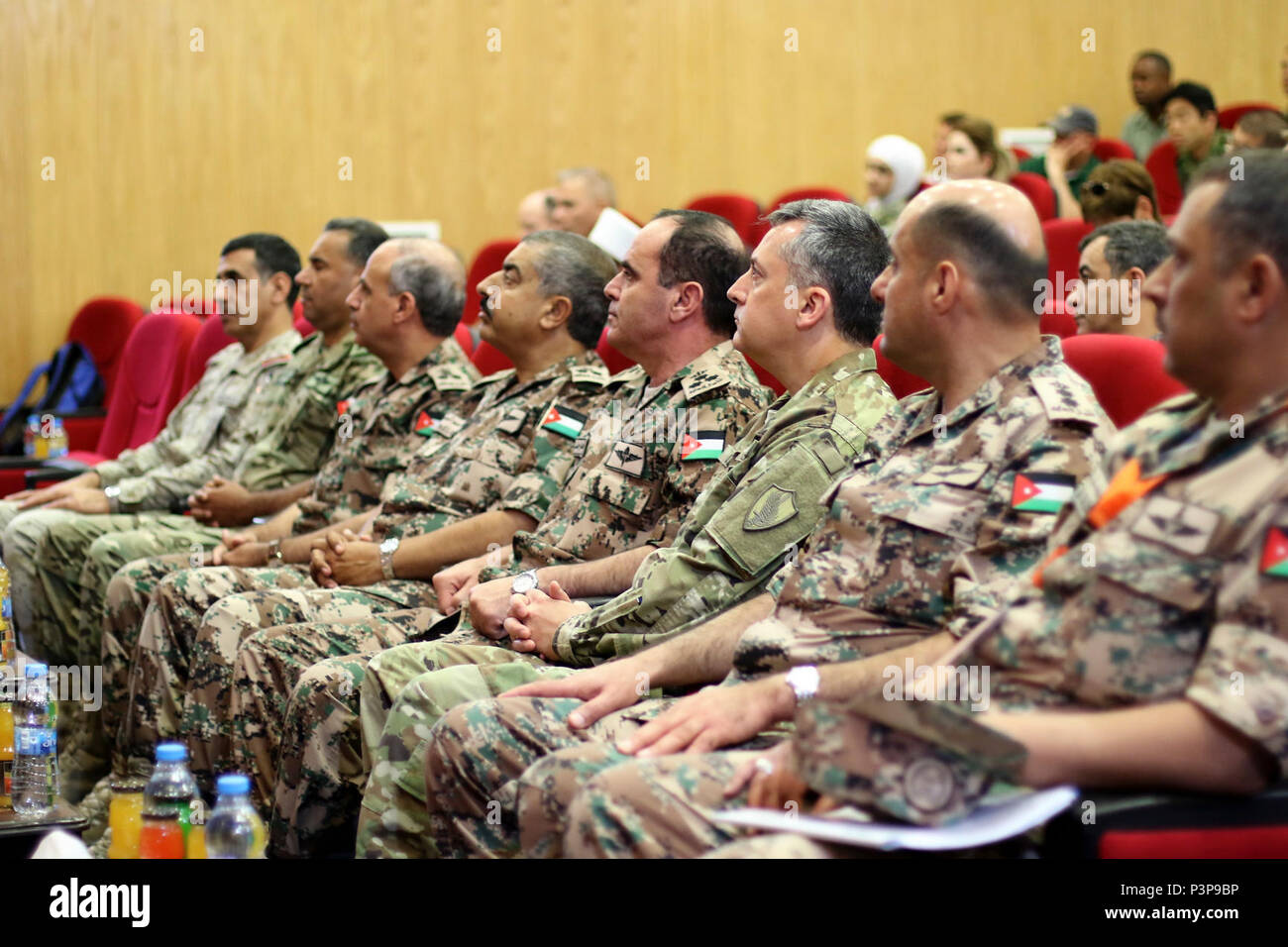 Maj.  Gen. William B. Hickman, deputy commanding general of the operations for the 3rd Army /Army Central Command and  Brig. Gen. Khaled Al-Shar'ah, director of Jordan-Arab Armed Forces Joint-Training Directorate answer questions during a press conference about Exercise Eager Lion 17 at the Jordanian Special Operations Command, outside Amman, Jordan, May 7, 2017. Eager Lion is an annual U.S. Central Command exercise in Jordan designed to strengthen military-to-military relationships between the U.S., Jordan and other international partners. This year's iteration is comprised of more than 7,000 Stock Photo