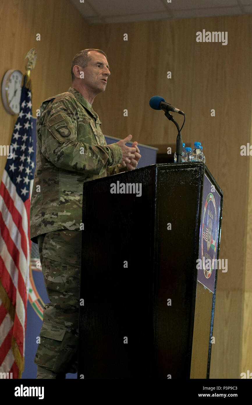 Maj.  Gen. William B. Hickman, deputy commanding general of the operations for the 3rd Army /Army Central Command and  Brig. Gen. Khaled Al-Shar'ah, director of Jordan-Arab Armed Forces Joint-Training Directorate answer questions during a press conference about Exercise Eager Lion 17 at the Jordan Special Operations Command, outside Amman, Jordan, May 7, 2017. Eager Lion is an annual U.S. Central Command exercise in Jordan designed to strengthen military-to-military relationships between the U.S., Jordan and other international partners. This year's iteration is comprised of more than 7,000 mi Stock Photo