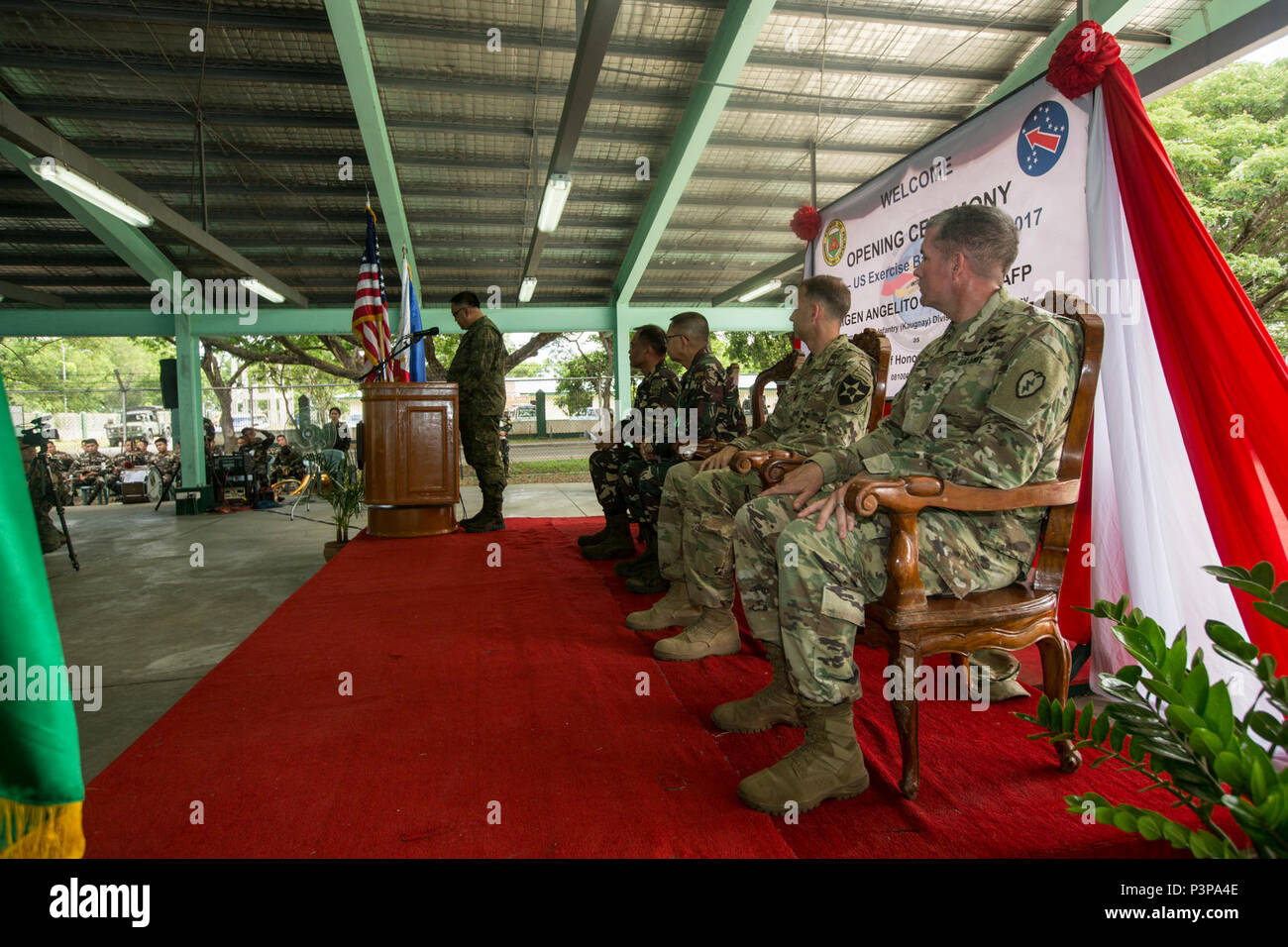 Philippine Army Col. Laurence Mina delivers his remarks during the opening ceremony of Balikatan 2017 at Fort Magsaysay in Santa Rosa, Nueva Ecija, May 8, 2017. Mina is Deputy Assistant Chief of Staff for Training and Education Staff, Philippine Army. Balikatan is an annual U.S.-Philippine bilateral military exercise focused on a variety of missions including humanitarian and disaster relief, counterterrorism, and other combined military operations. Stock Photo